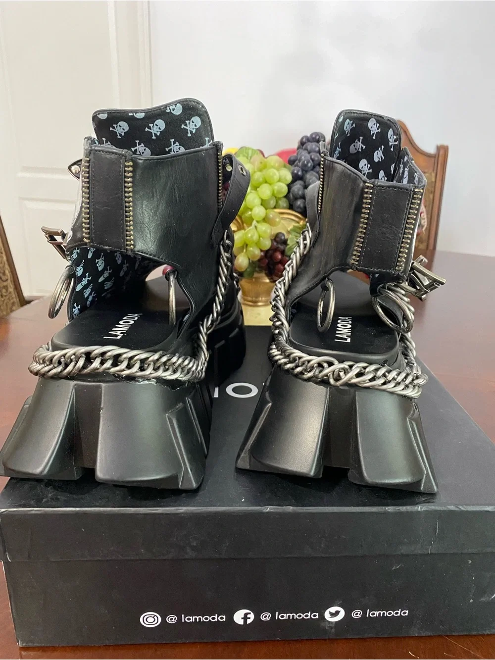 Black Platform Sandals with Skull Accent and Chain Detail